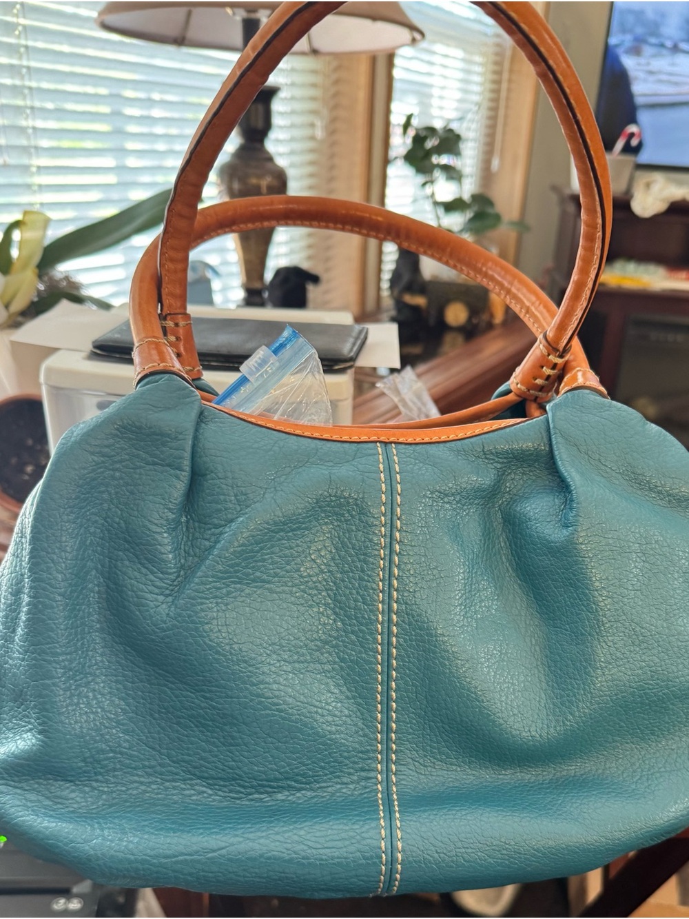 Brighton Teal Leather Top-Handle Women’s Bag with Tan Trim - Picture 5 of 13